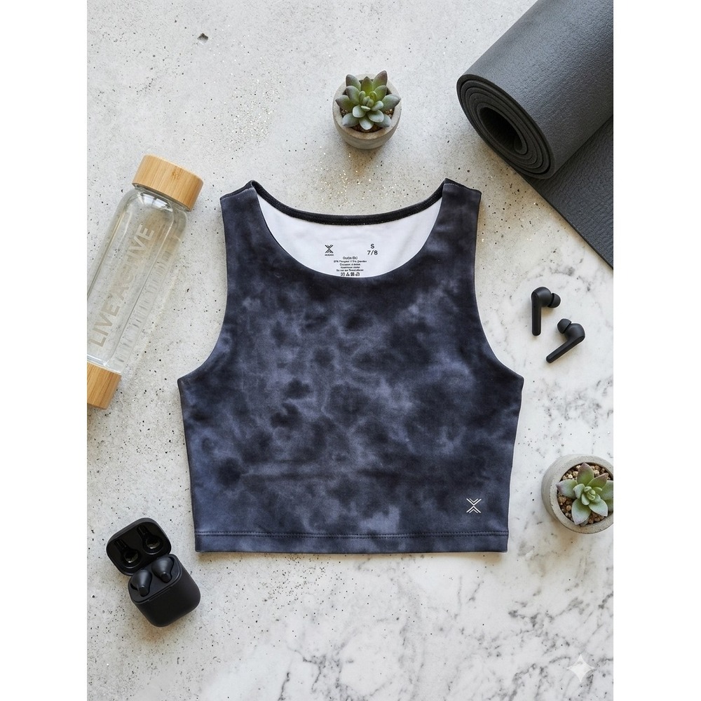 Xersion Girls Sports Bra S 7/8 Black Gray Tie Dye High Neck Athletic Crop Top S